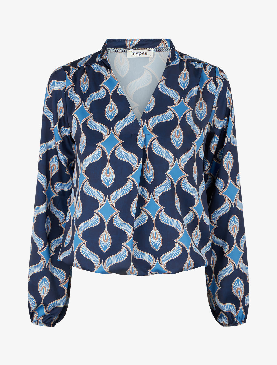 Top satiné à manches longues imprimé graphique - Marine - 1