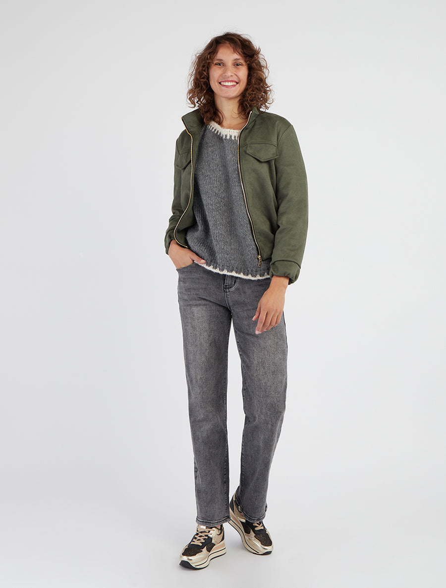 Veste suédine col montant zippée - Kaki