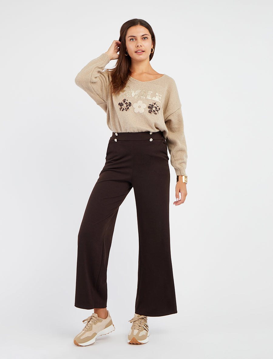 Pull uni en maille à flocage - Beige - 8