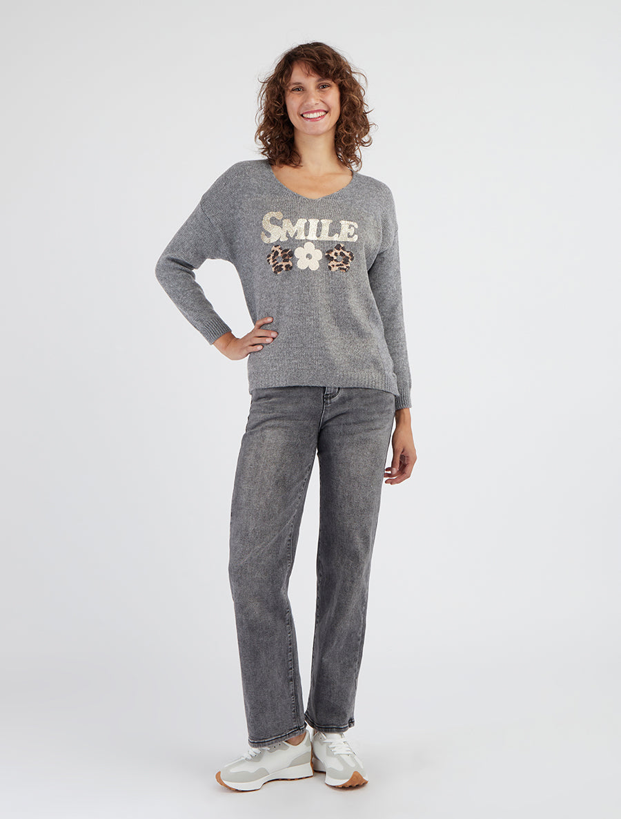 Pull en maille encolure V flocage pétales - Gris