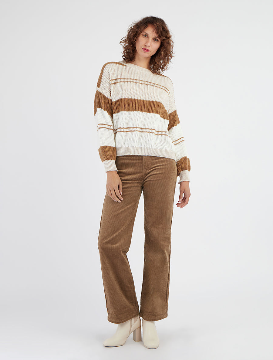 Pull rayé encolure ronde manches longues - Beige/camel