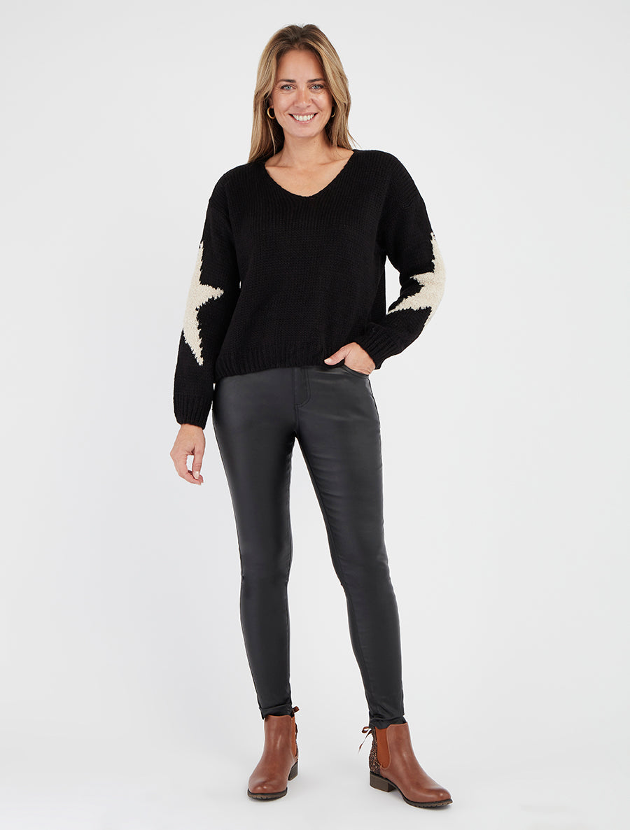 Pull en maille uni à motifs étoiles - Noir