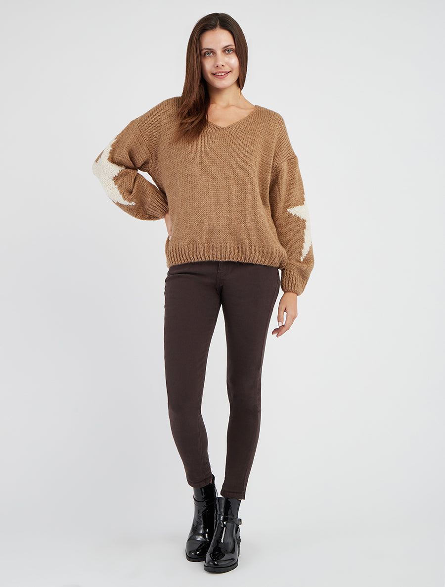 Pull en maille uni à motifs étoiles - Camel