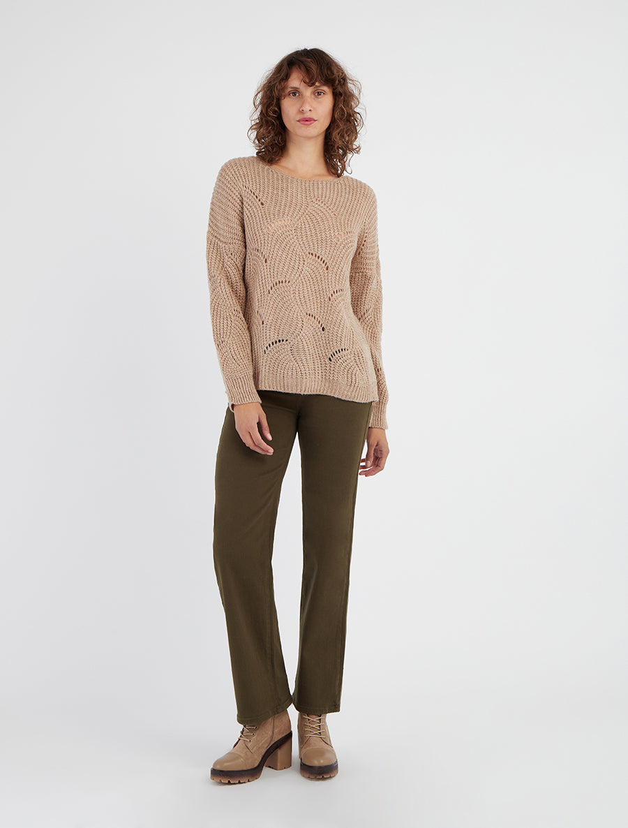 Pull maille détail ajouré encolure ronde - Beige
