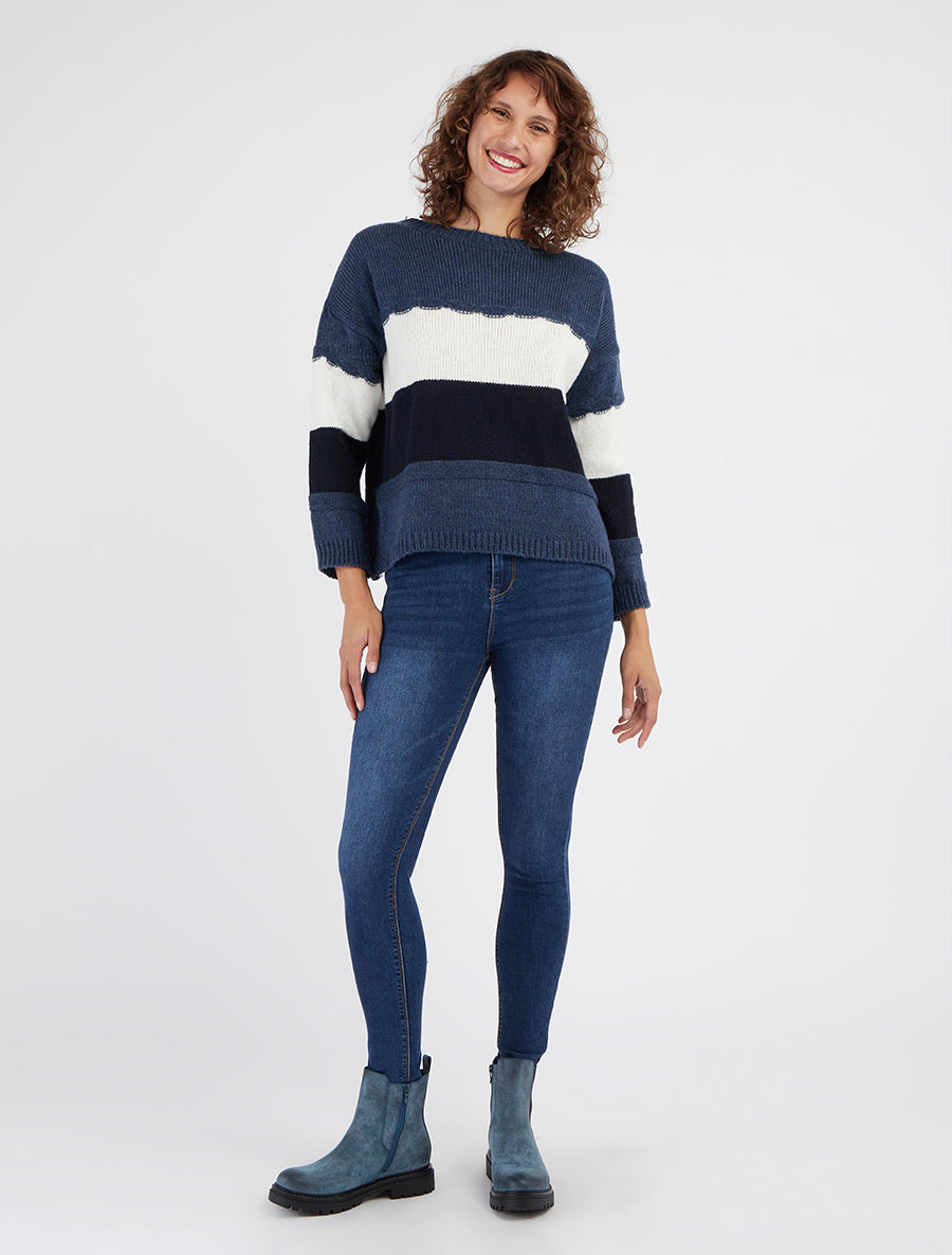 Pull maille rayures col rond - Bleu