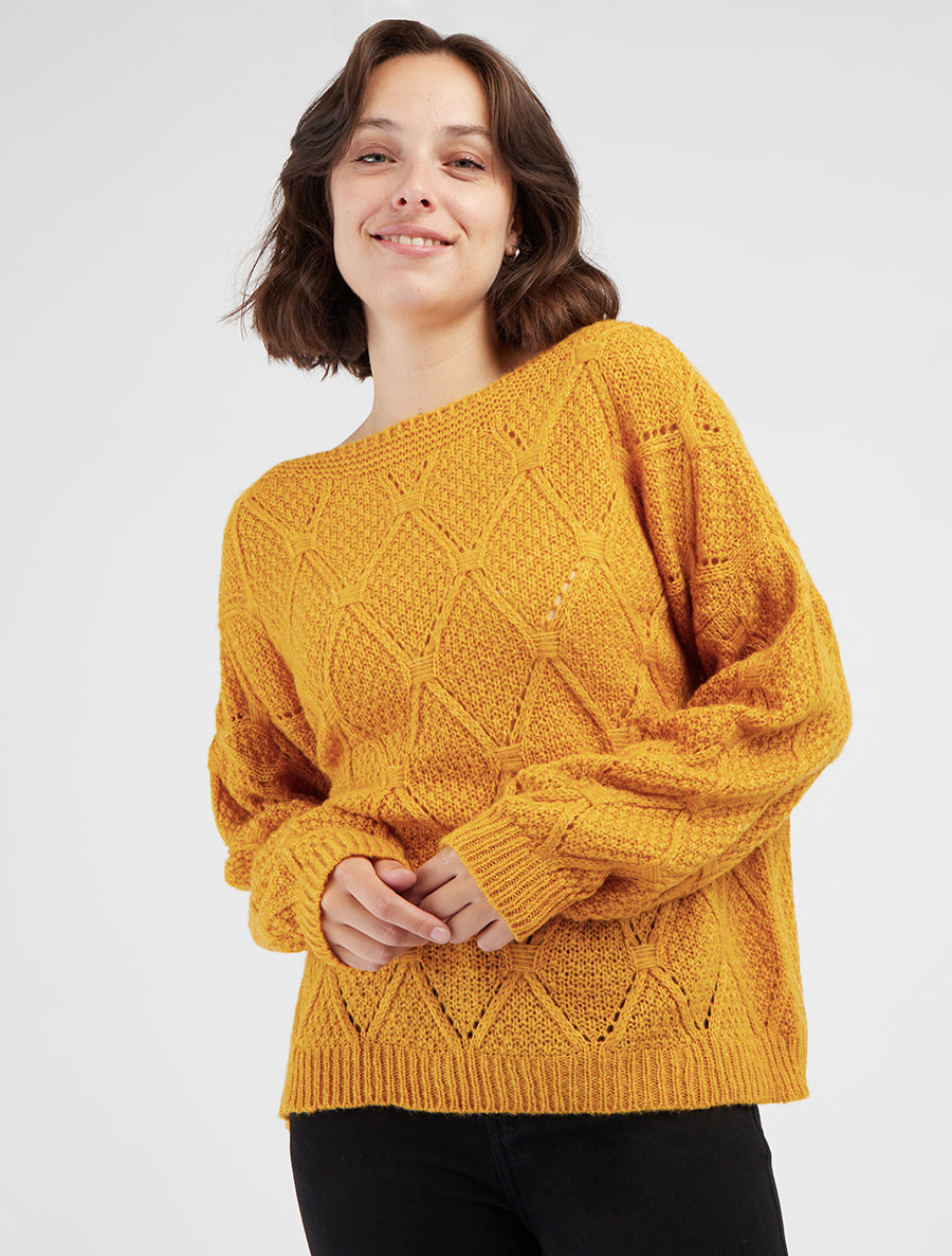 Pull maille ajourée col rond - Jaune moutarde