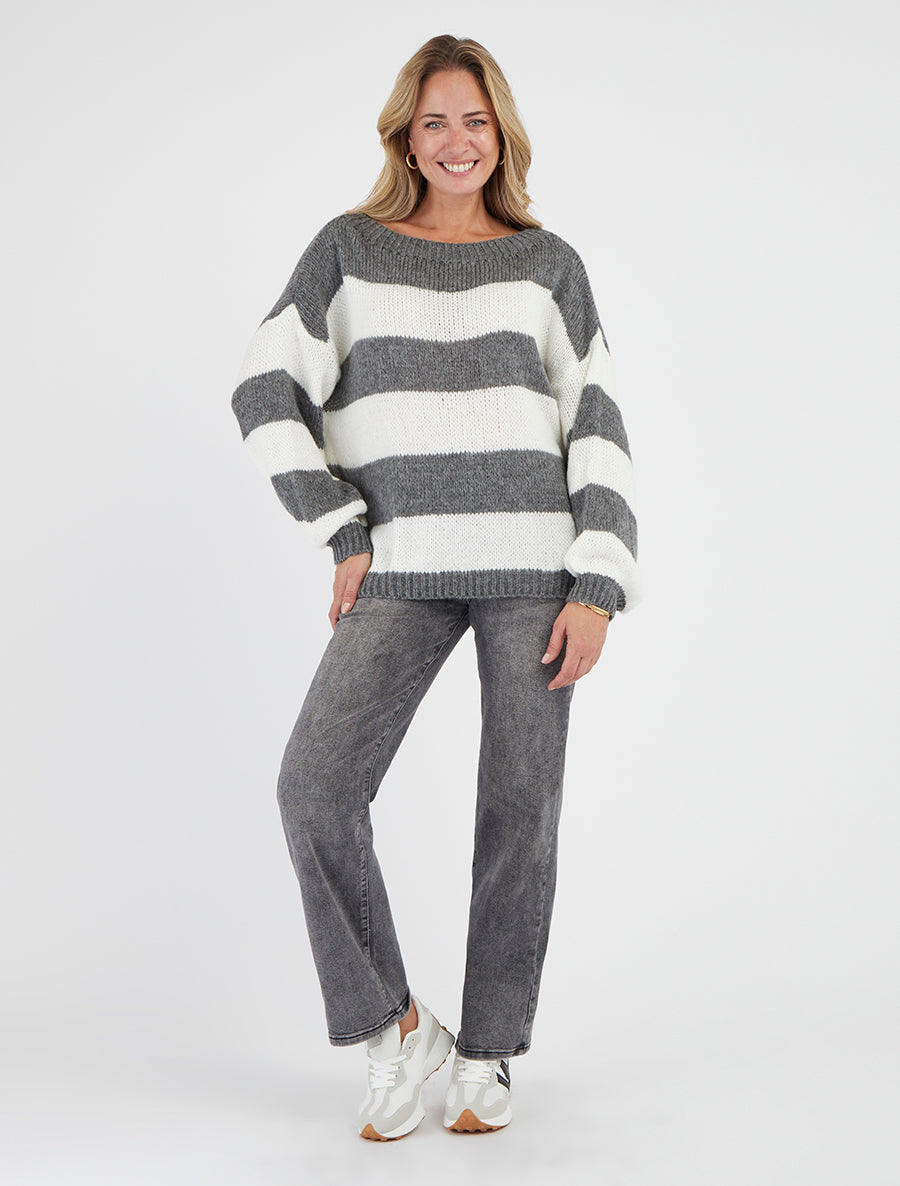 Pull maille rayures bicolores encolure ronde - Gris