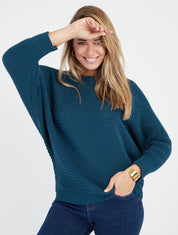 Pull maille encolure ronde coupe droite - Bleu canard