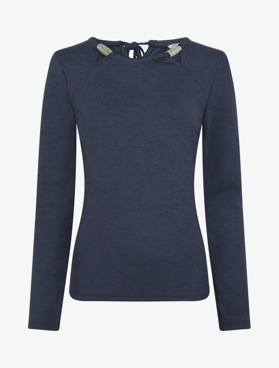 Pull fin uni à empiècement bijoux - Marine - 1