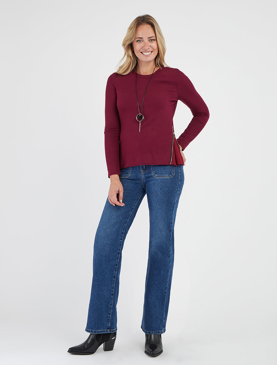Pull fin encolure ronde zips latéraux - Lie de vin