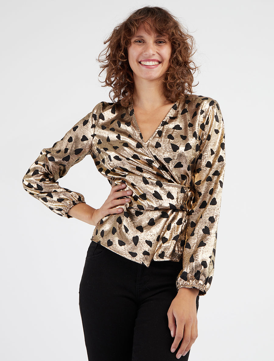 Blouse irisée col cache-cœur à imprimé - Or