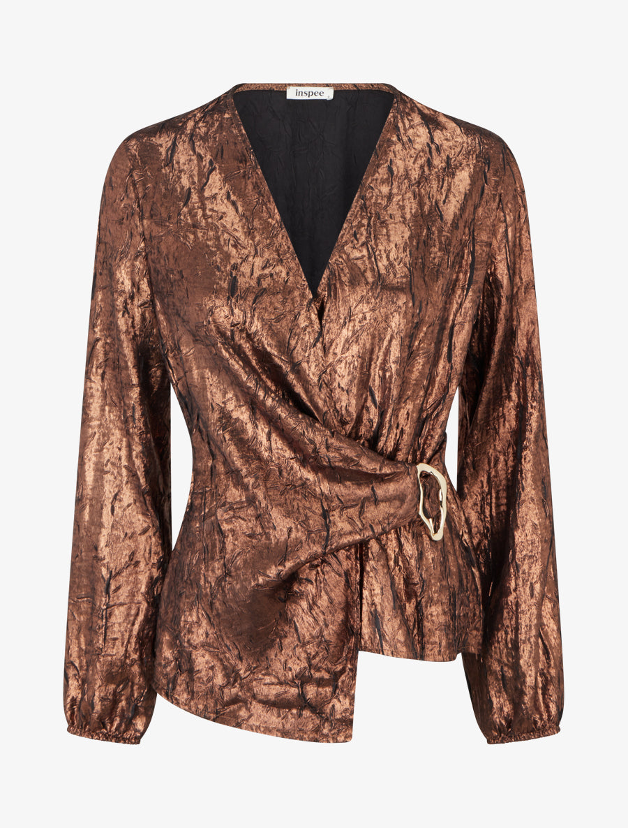 Blouse irisée élastiquée à col cache-coeur - Bronze - 1