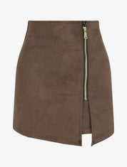 Jupe short suédine taille haute zippée - Marron