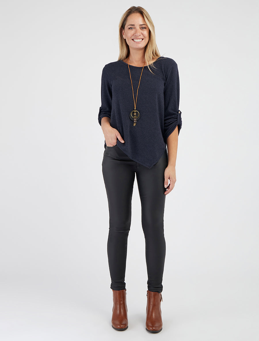 Pull asymétrique col rond manches retroussables - Marine