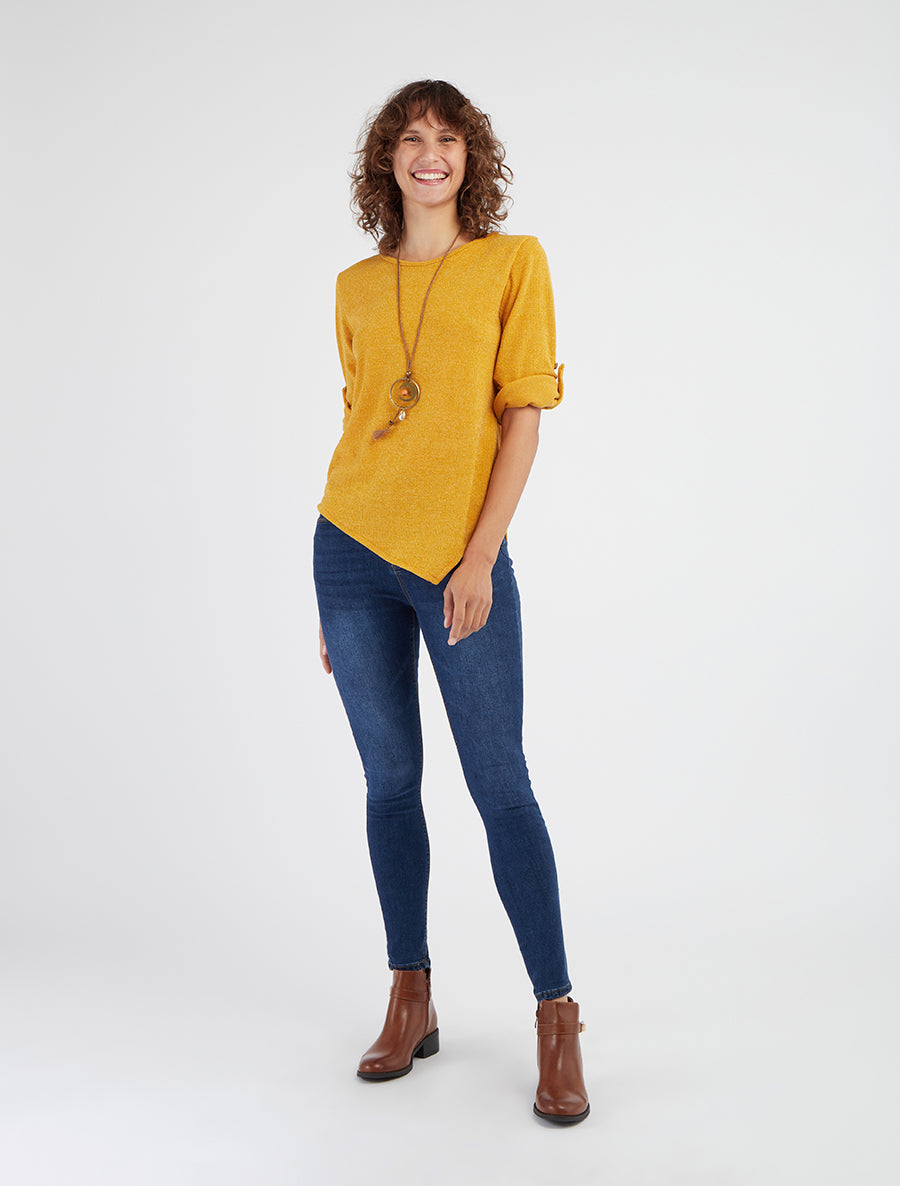 Pull asymétrique col rond manches retroussables - Jaune moutarde