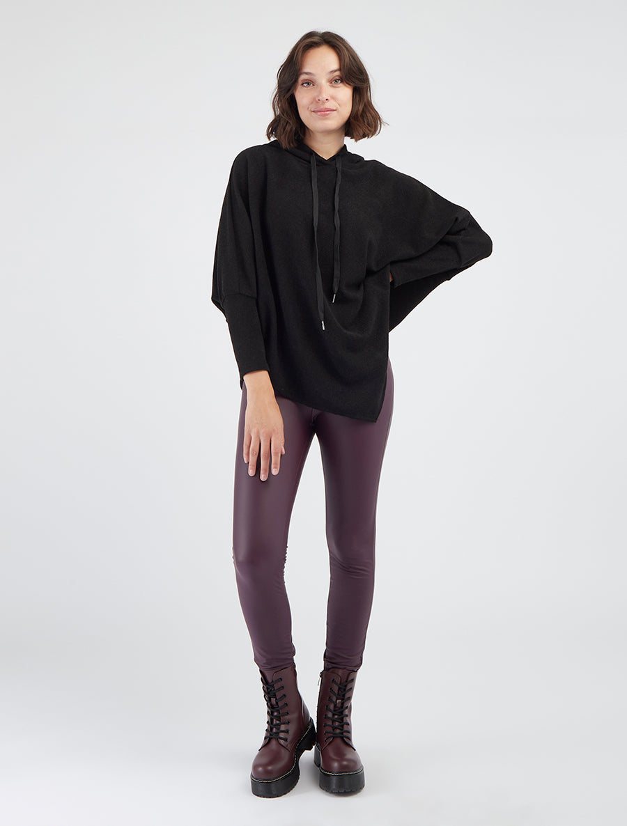Pull asymétrique côtelé capuche cordons - Noir