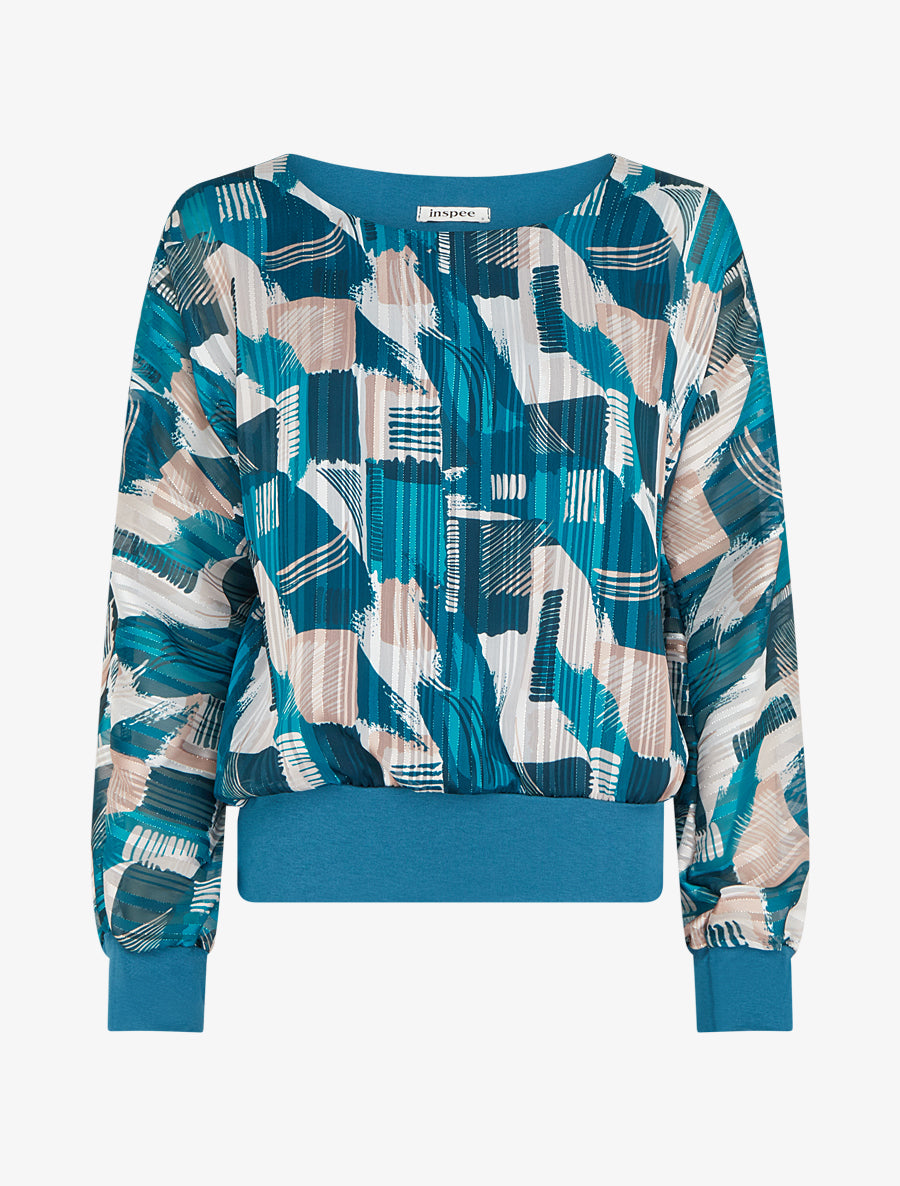 Blouse en voile imprimé fantaisie à détail irisé - Bleu canard - 1