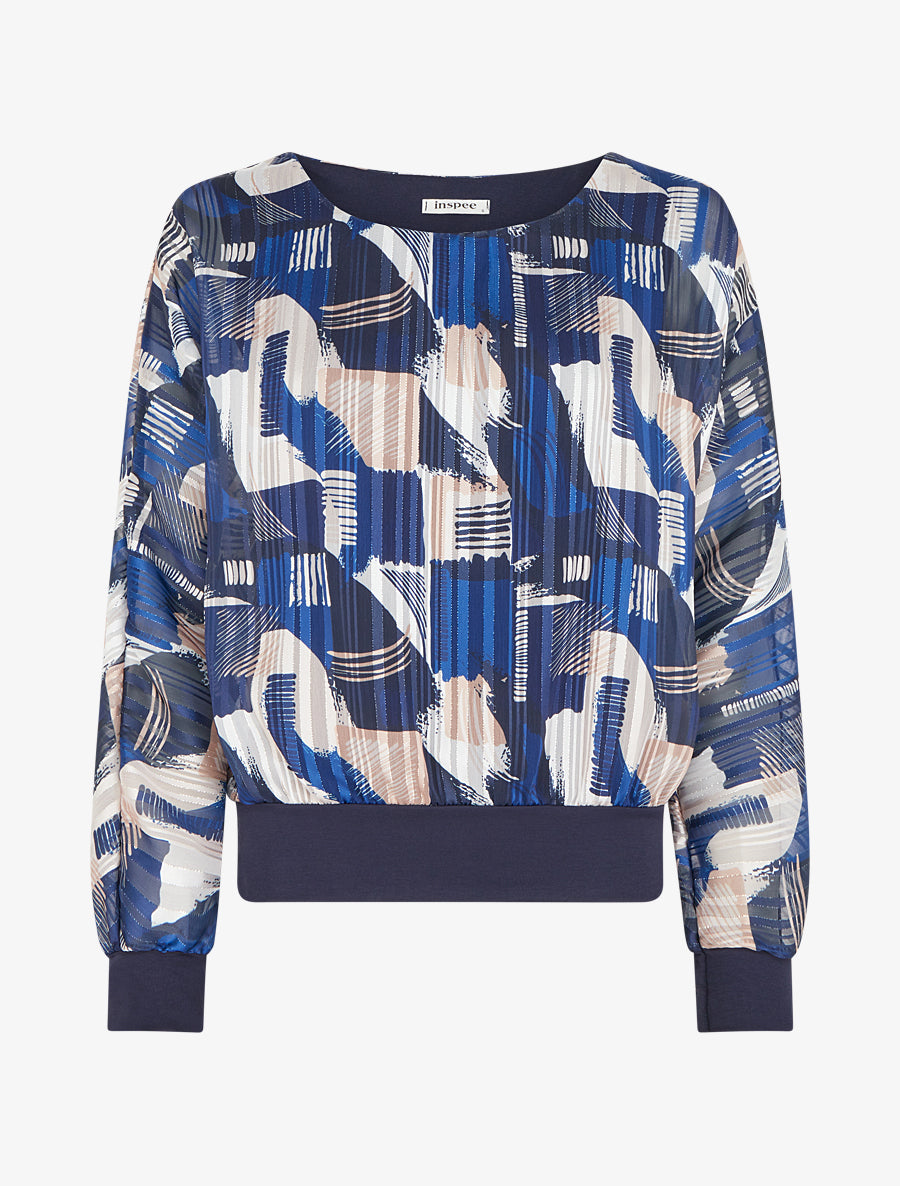 Blouse en voile imprimé fantaisie à détail irisé - Marine - 1