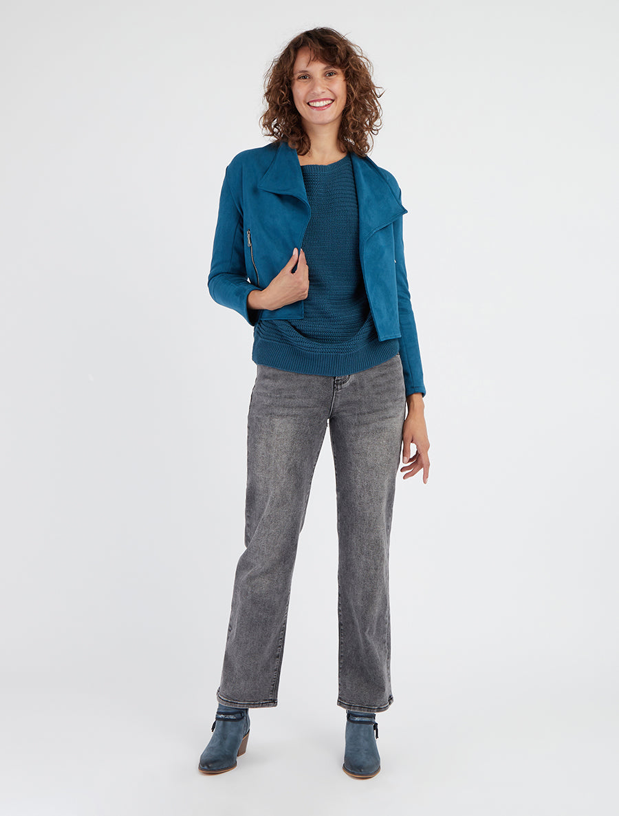 Veste suédine col rabat et poches zippées - Bleu canard