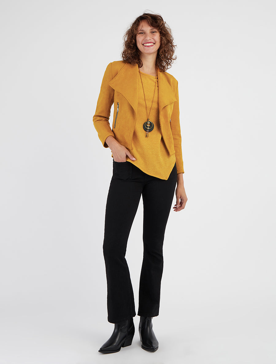 Veste suédine col rabat et zips - Jaune moutarde