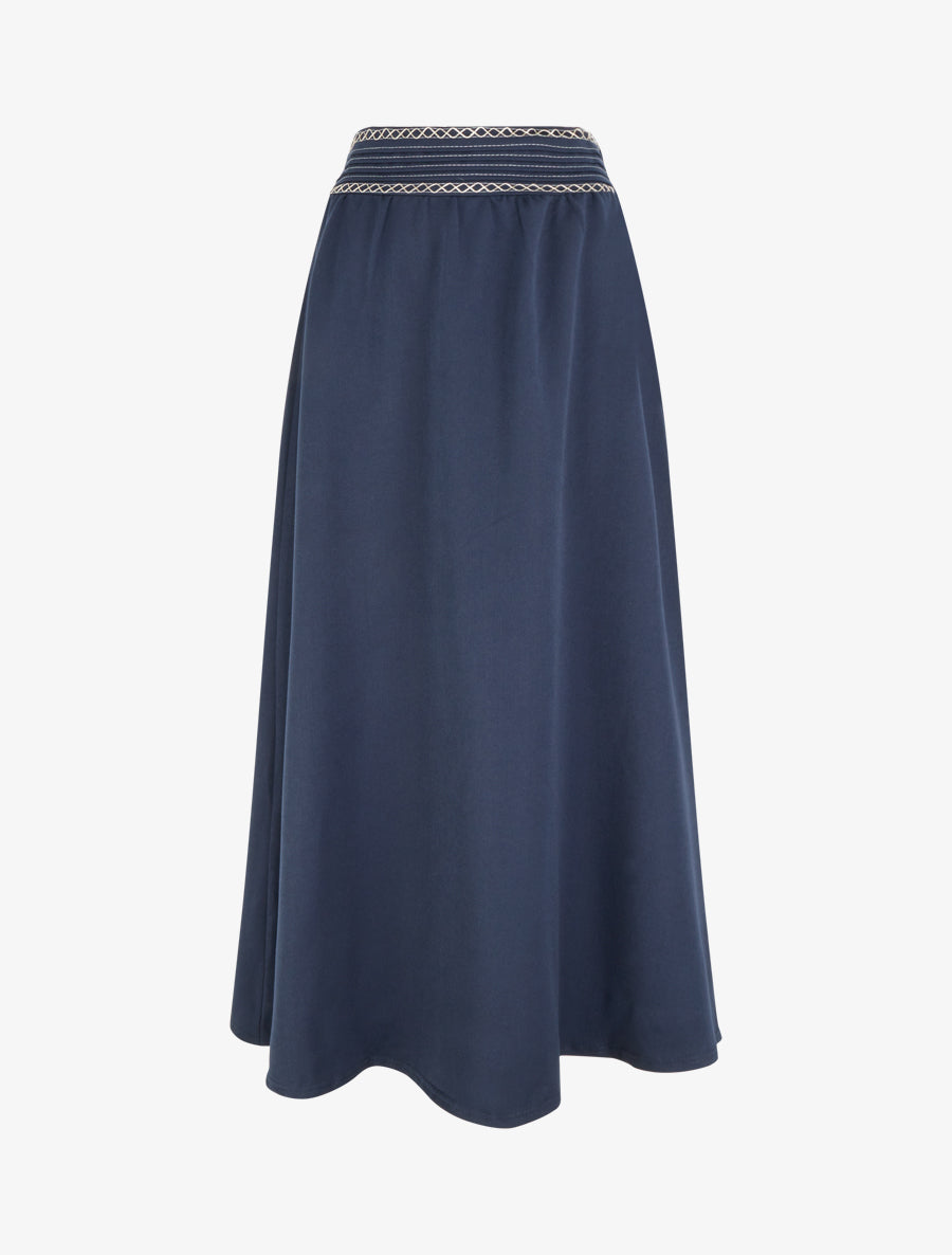 Jupe longue unie à détail brodé - Marine - 1