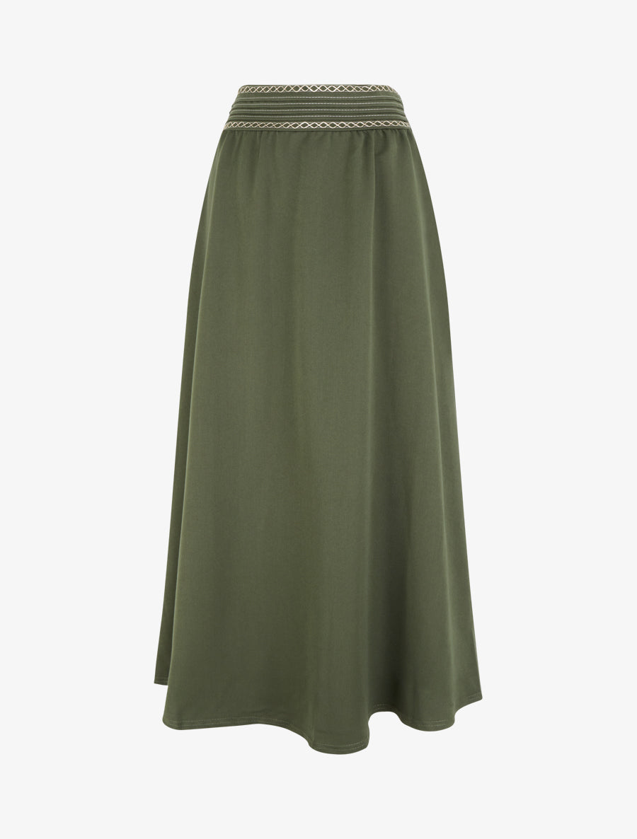 Jupe longue unie à détail brodé - Kaki - 1