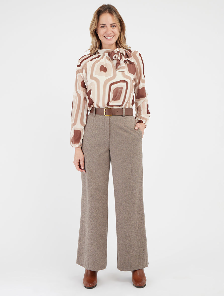 Blouse en voile imprimé rétro à nouer - Beige
