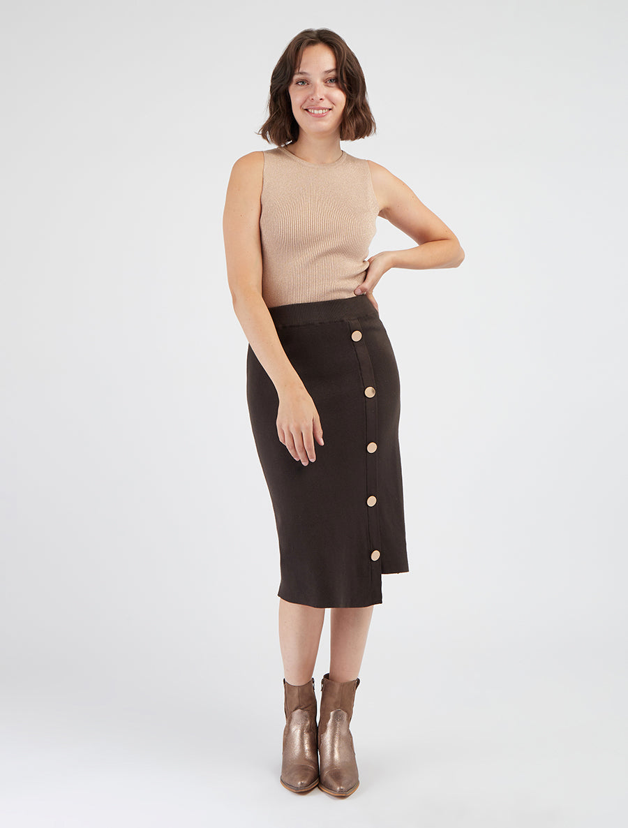 Jupe maille taille haute asymétrique - Marron foncé