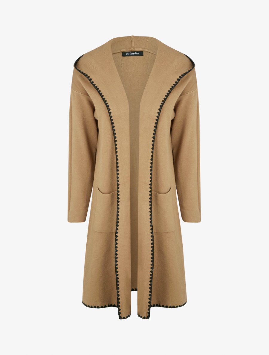 Gilet long à capuche et liseré brodé - Camel - 1