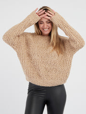 Pull maille épaisse encolure ronde - Camel