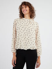 Top fluide à pois col lavallière - Beige