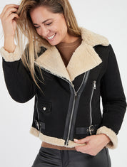Blouson aviateur effet daim col cranté - Noir