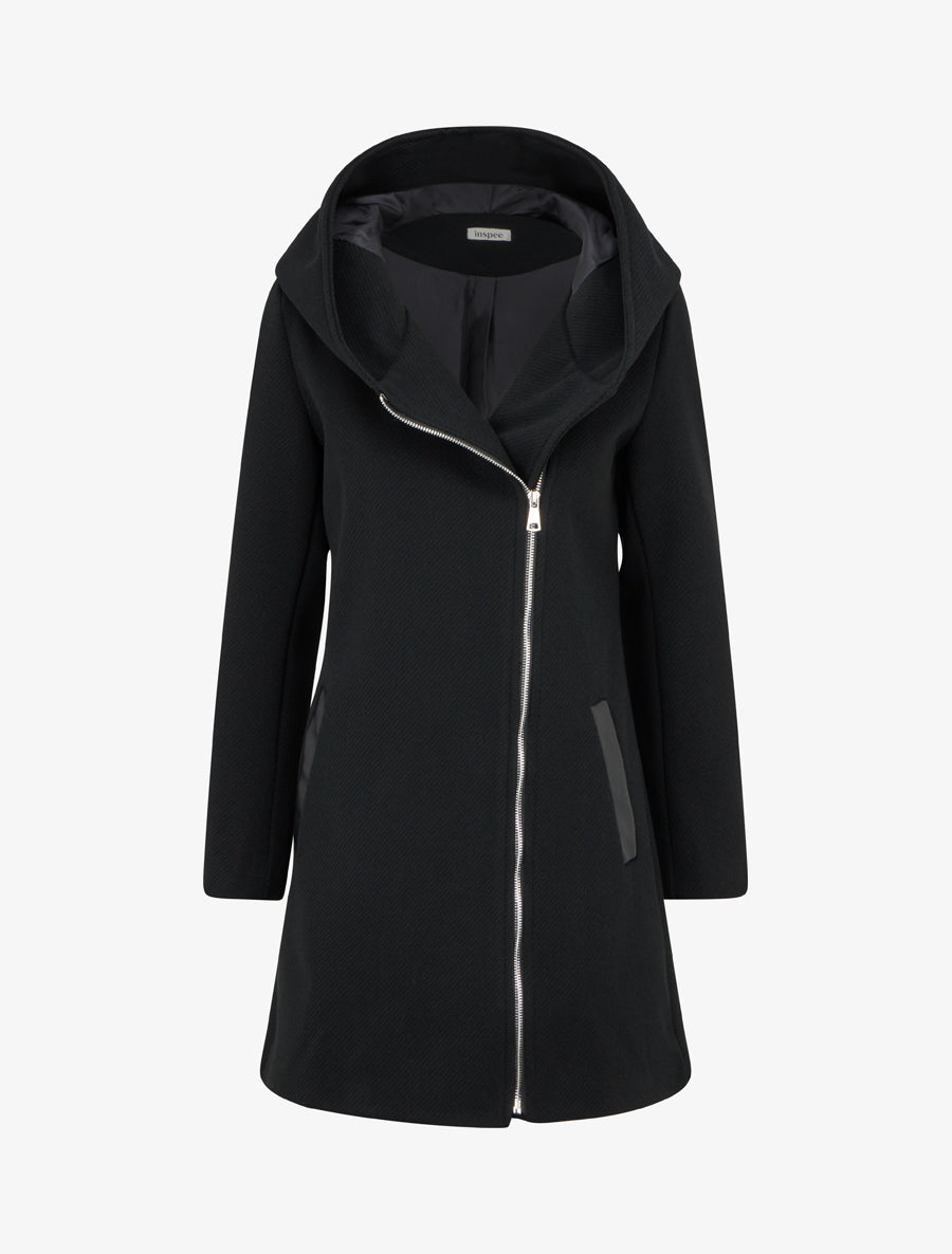 Manteau mi-long à grand col capuche femme noir