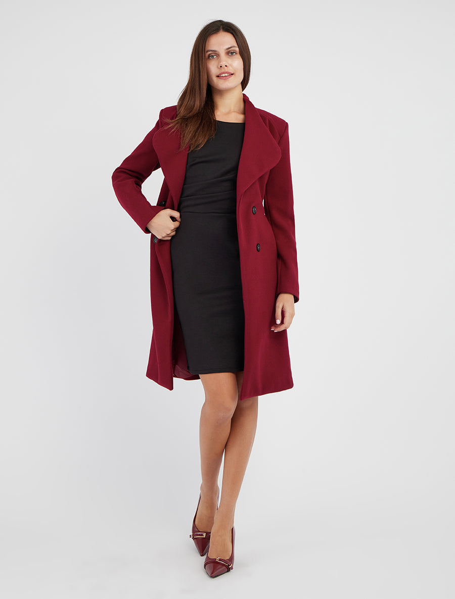 Manteau long ceinturé à épaulettes - Lie de vin