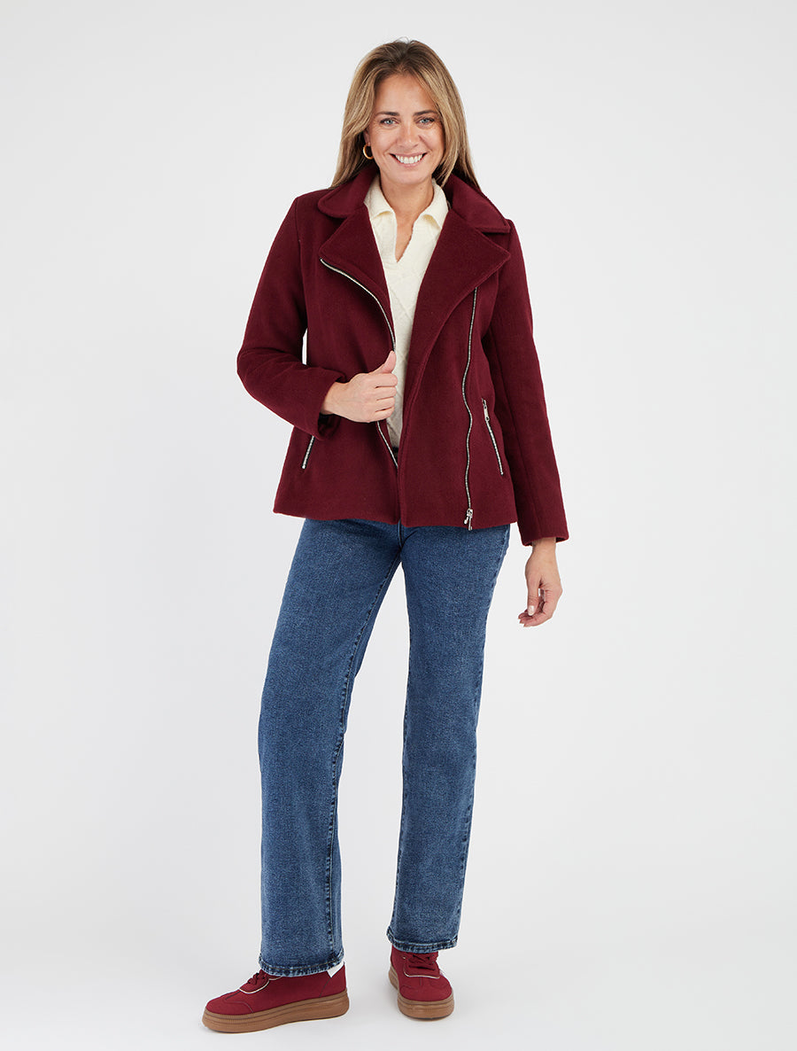 Manteau droit col cranté en feutrine - Bordeaux