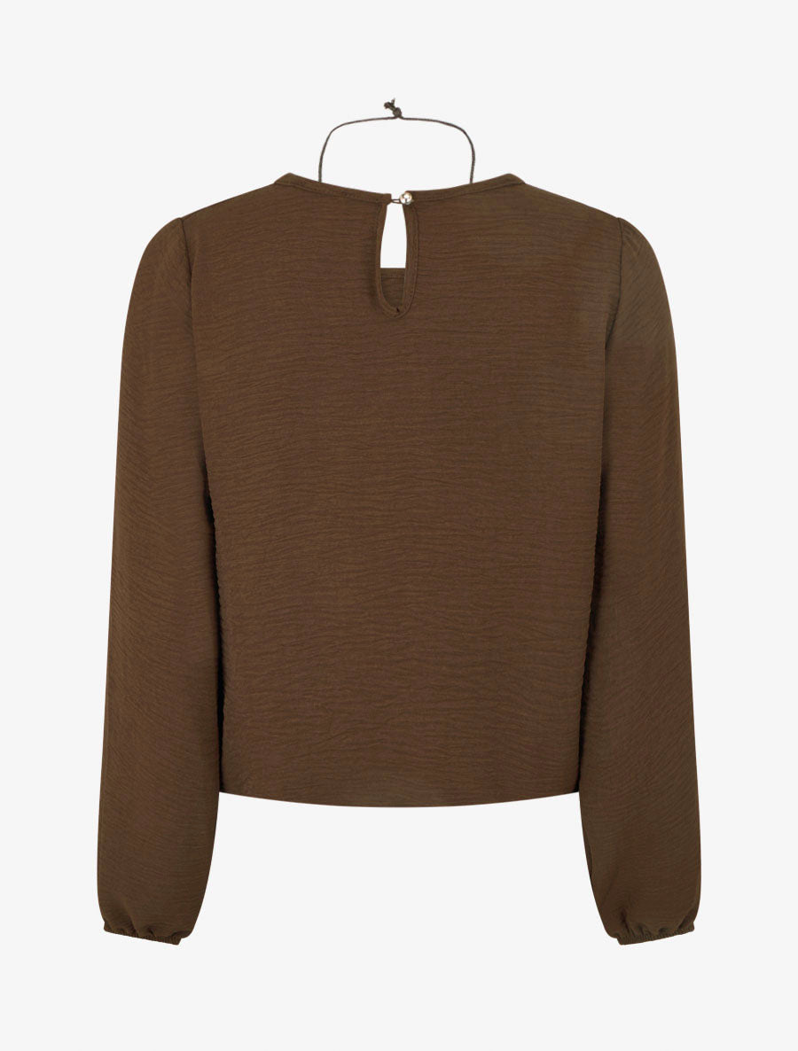 Blouse fluide col rond poignets élastiqués - Marron