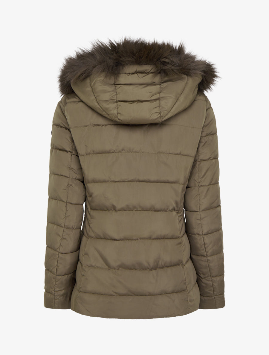 Doudoune droite à capuche en fourrure synthétique - Kaki - 2