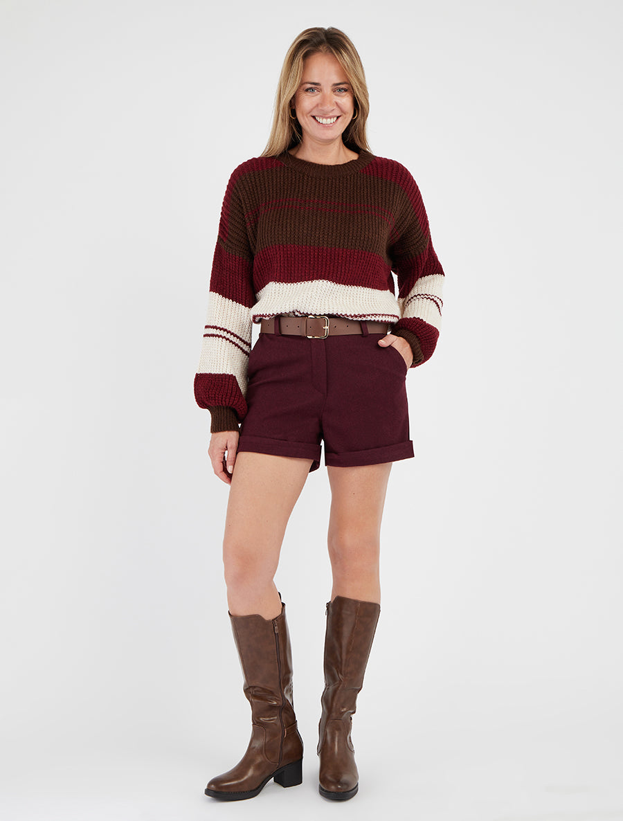 Short à revers taille haute - Bordeaux