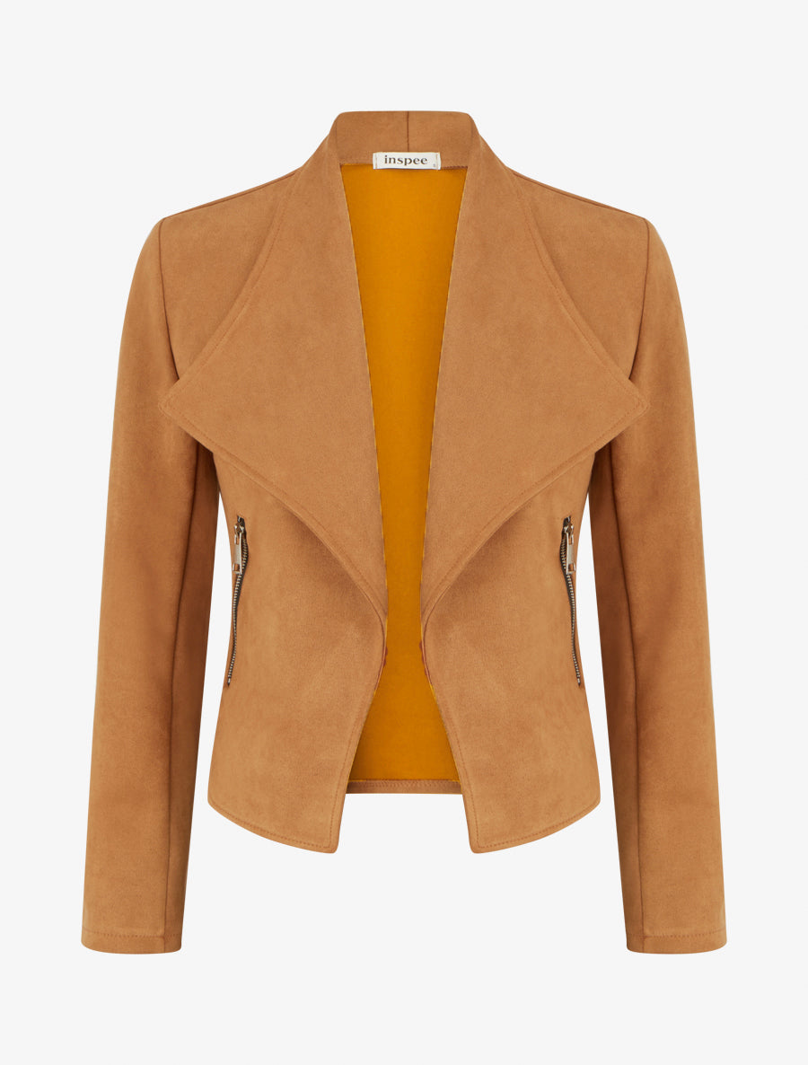Veste suédine col rabat poches zippées - Camel