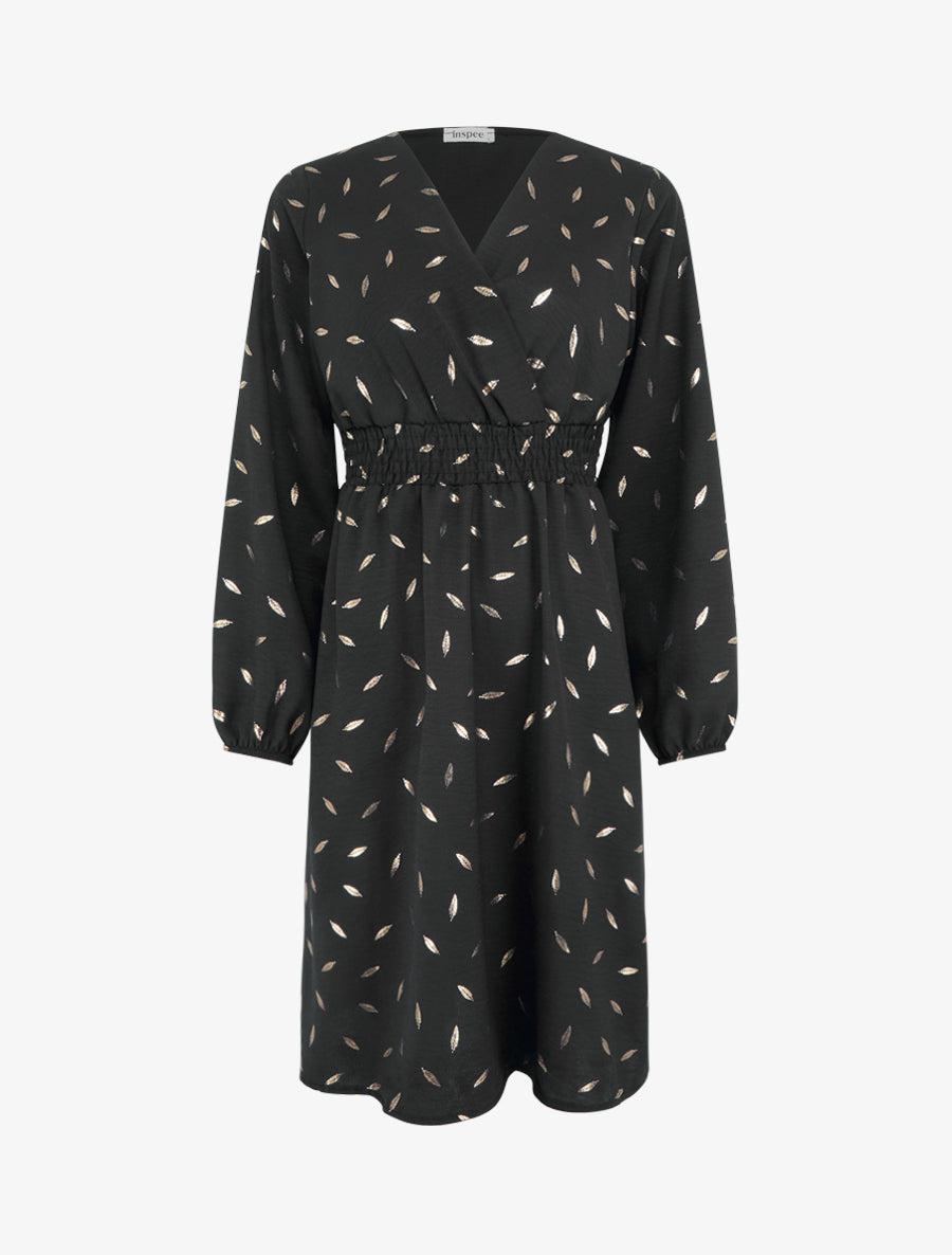 Robe évasée à imprimé plumes dorées - Noir - 1