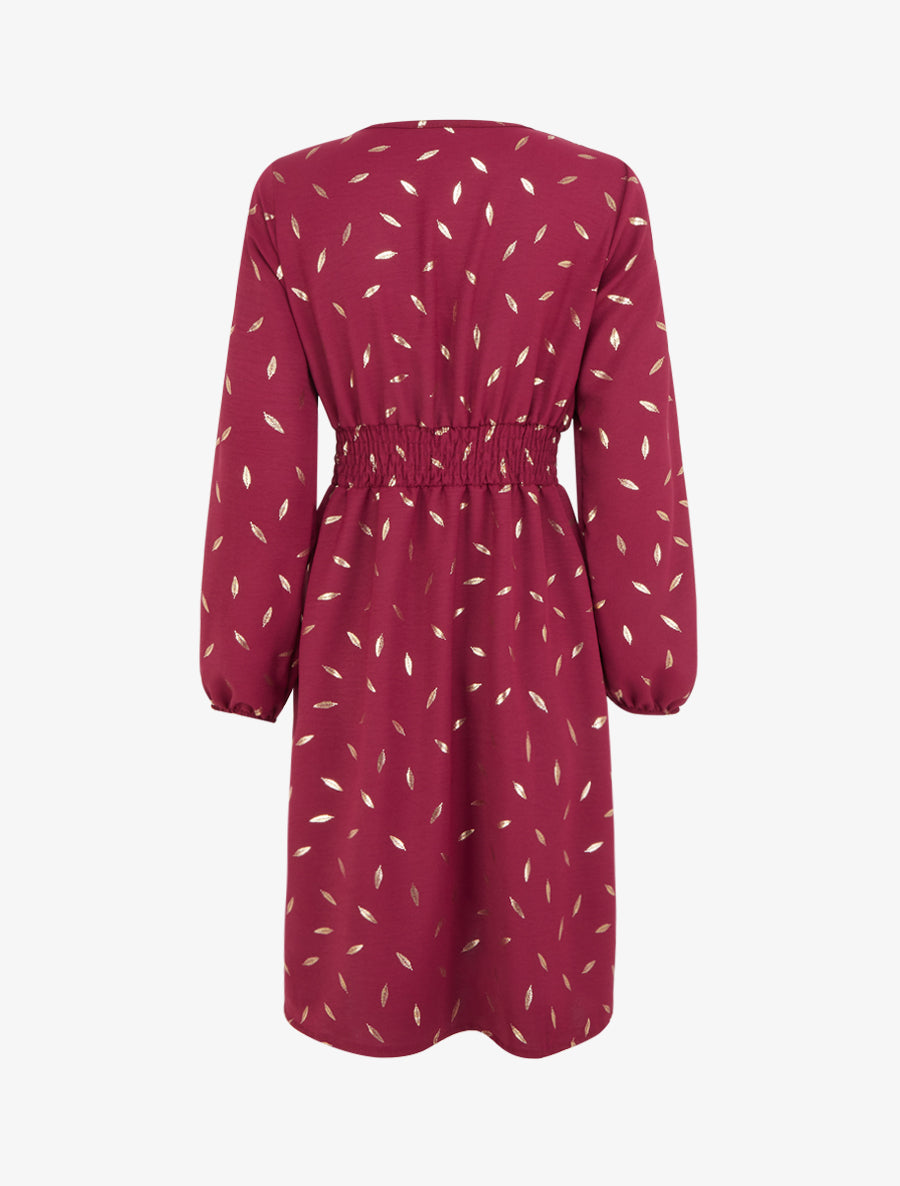 Robe évasée à imprimé plumes dorées - Lie de vin - 2