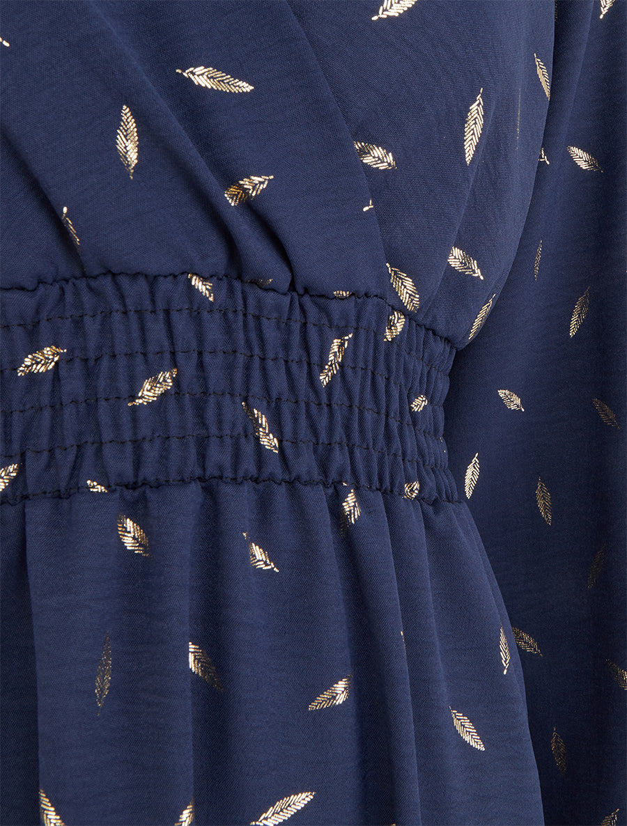 Robe évasée à imprimé plumes dorées - Marine - 3