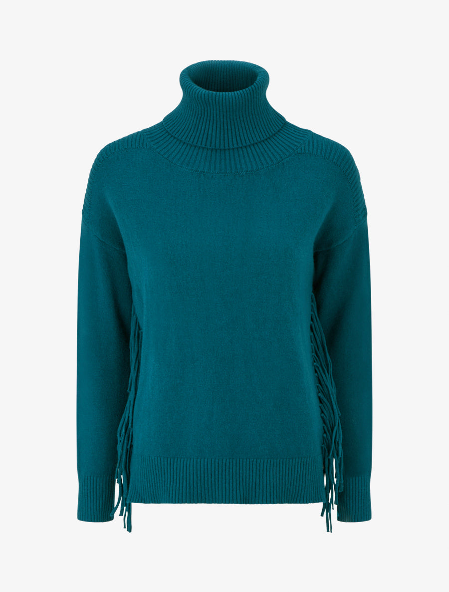 Pull uni à col roulé et franges - Bleu canard - 1