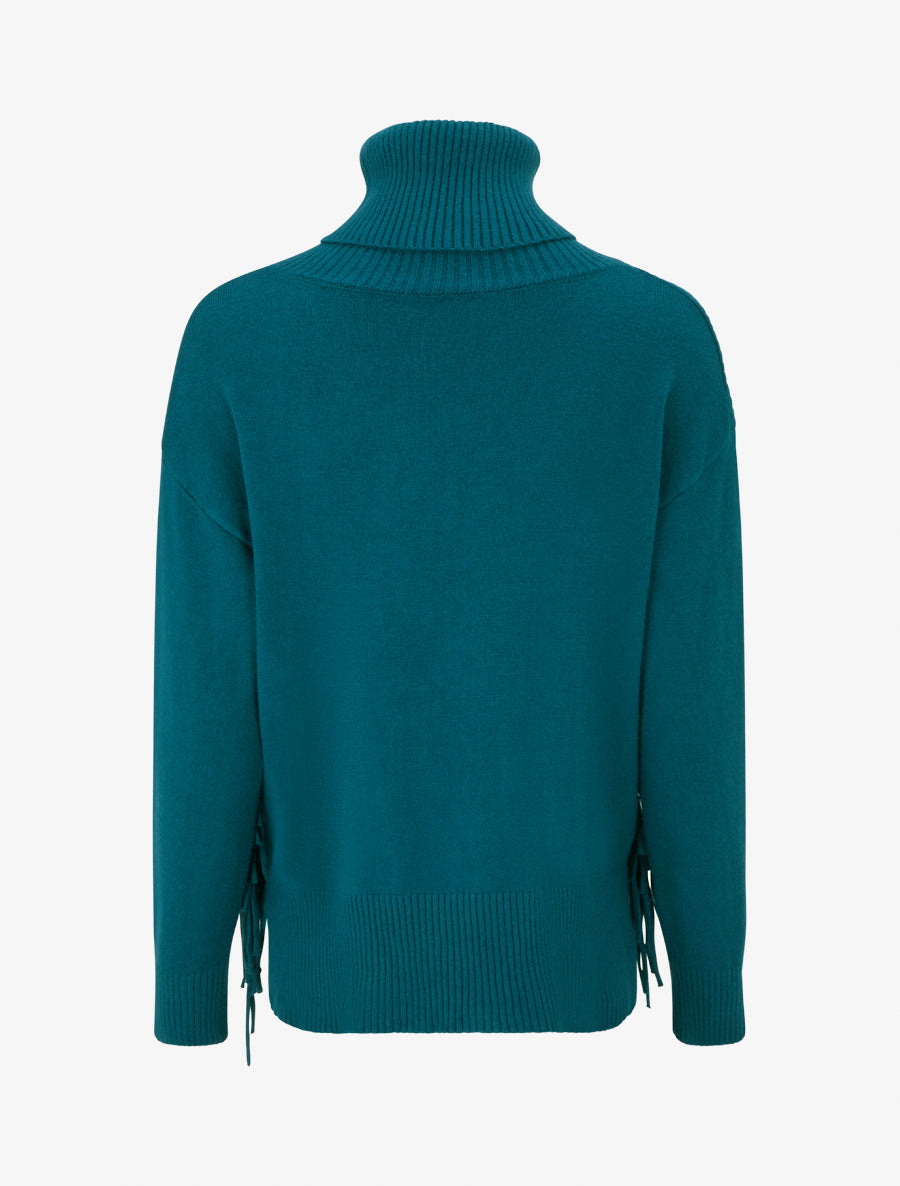Pull uni à col roulé et franges - Bleu canard - 2