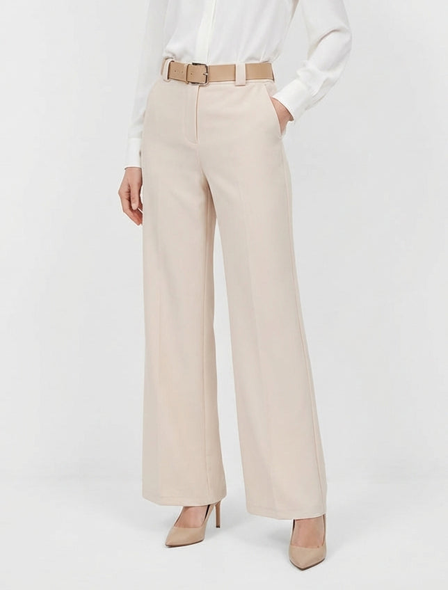 Pantalon droit uni élastiqué - Beige