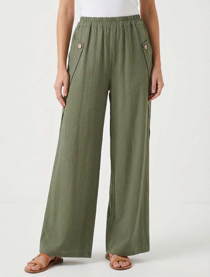 Pantalon ample uni à boutons décoratifs - Kaki