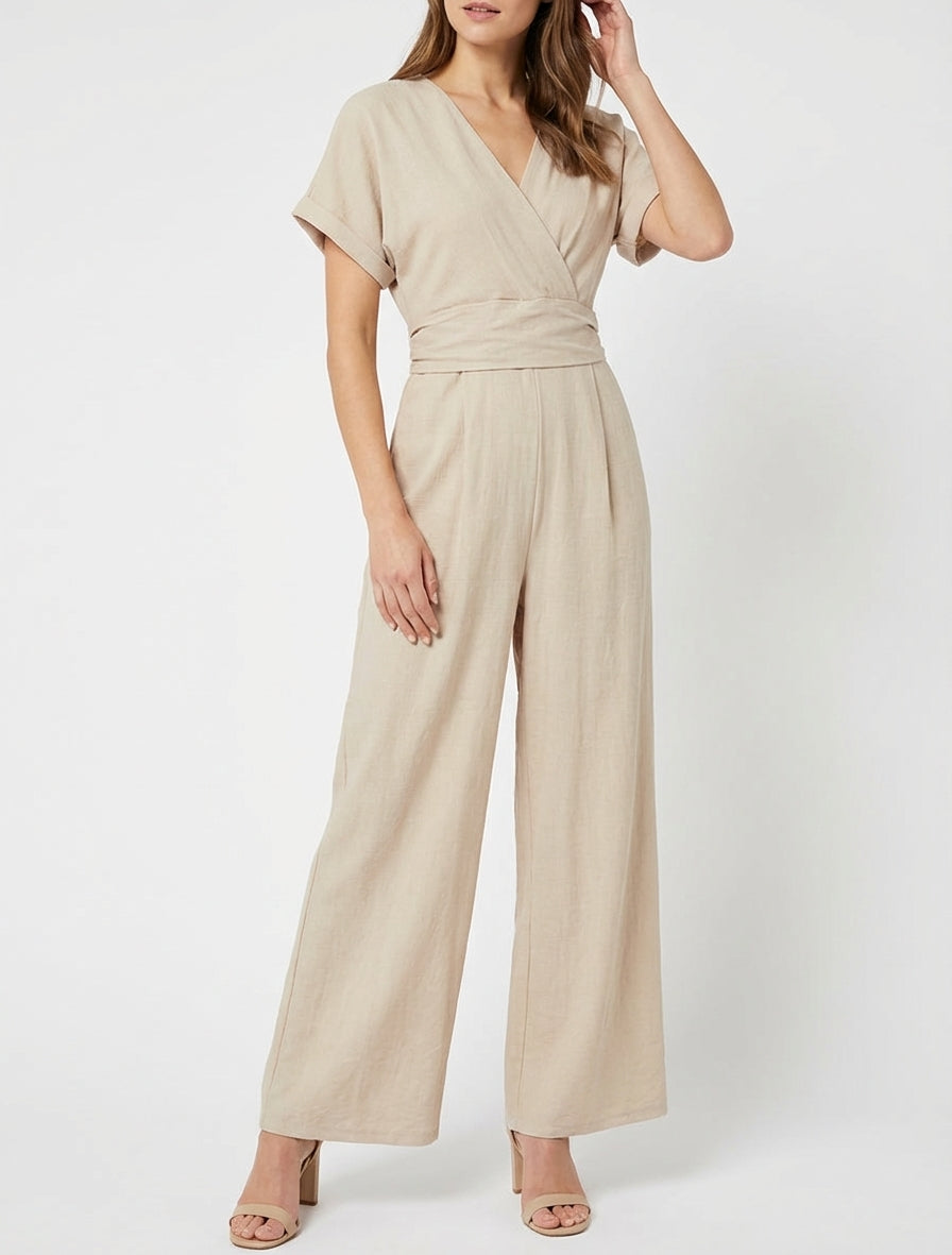 Combinaison unie à manches courtes - Beige