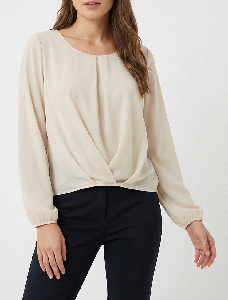 Blouse en voile col rond manches longues - Beige