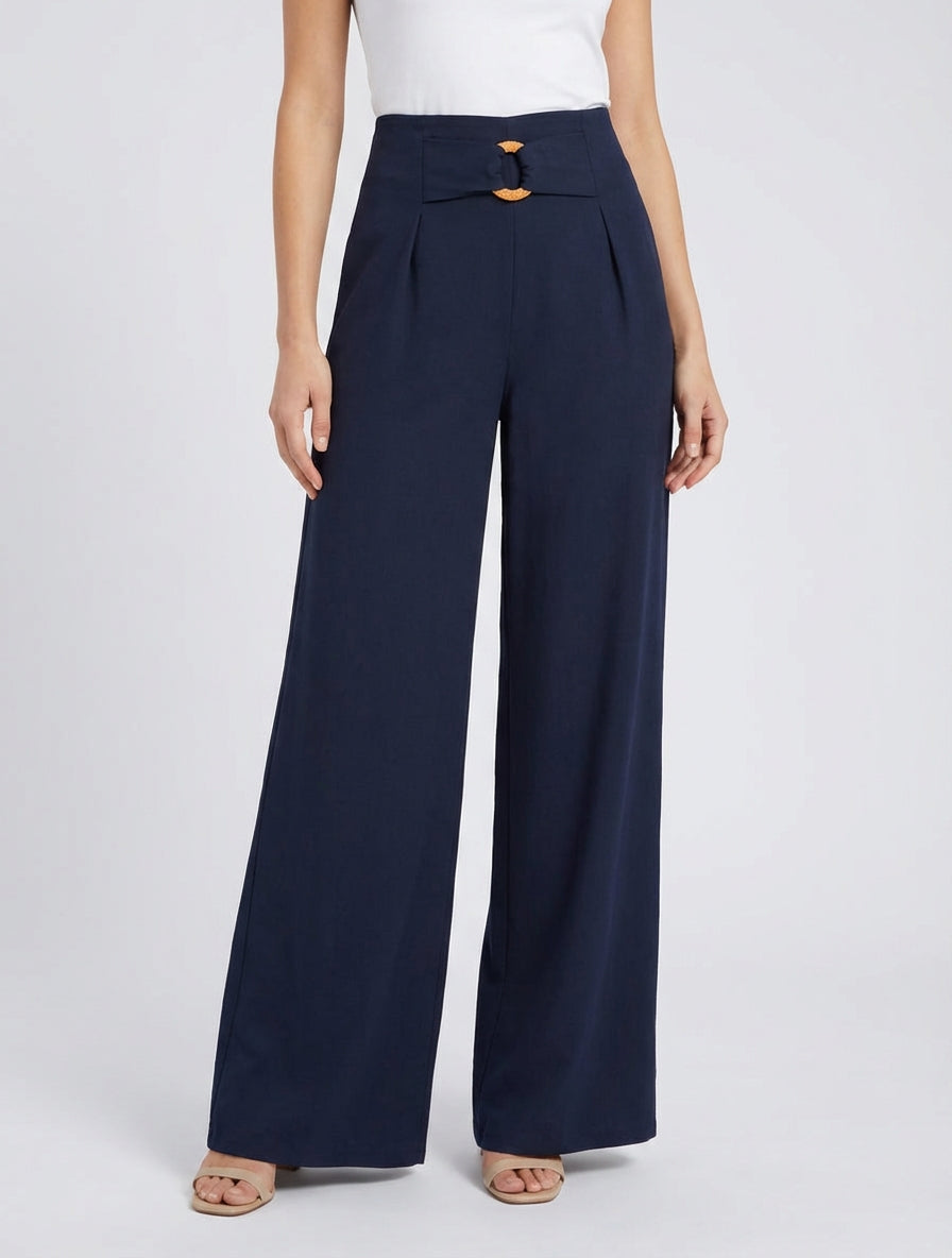 Pantalon ample à taille haute à boucle fantaisie - Marine