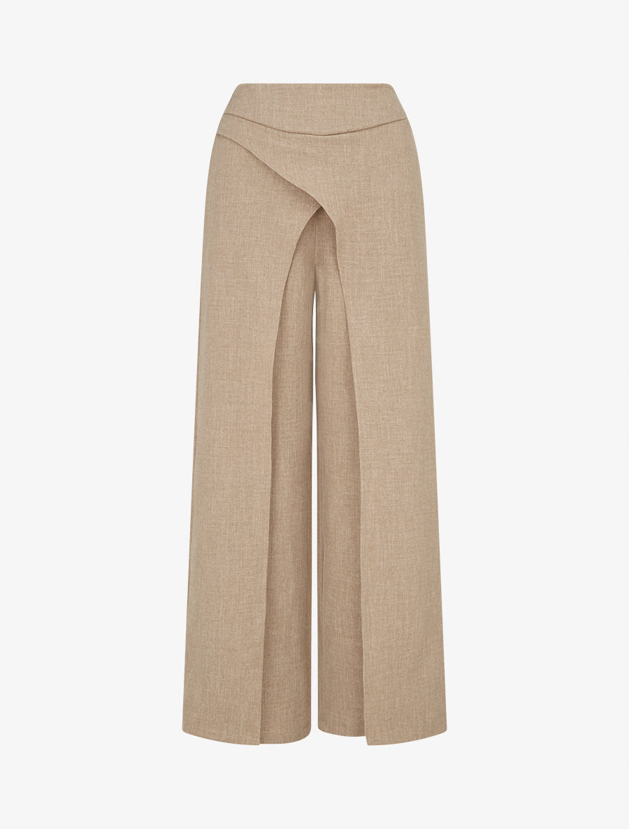 Pantalon droit effet lin à double pans - Taupe - 1